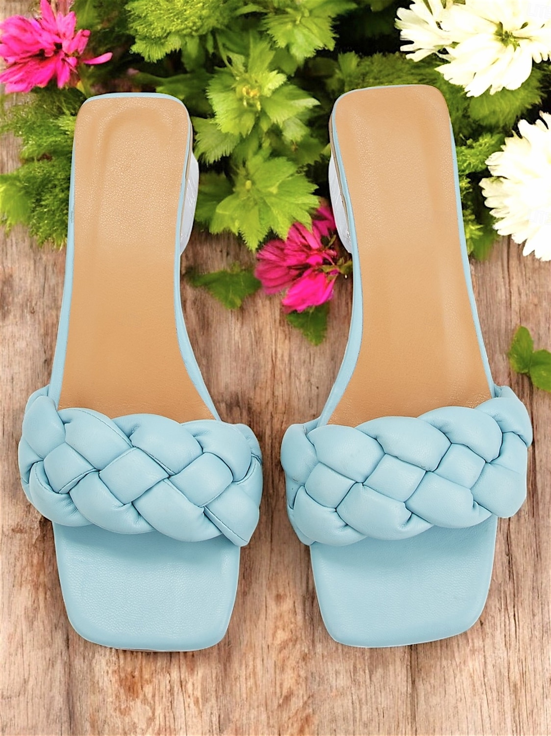 Women's Light Blue Braided Strap Heeled Mules – Trendy Square Toe Summer Sandals 2025 - $26.99 –P3