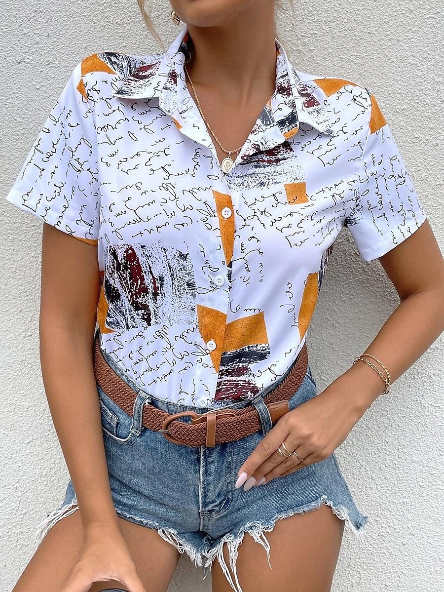 Damen Hemd Grafik Alltag Lässig Kurzarm Hemd Kragen Reguläre Oberteile Alltag Knöpfe Druck Weiß Sommer 2025 - $24.99 –P1