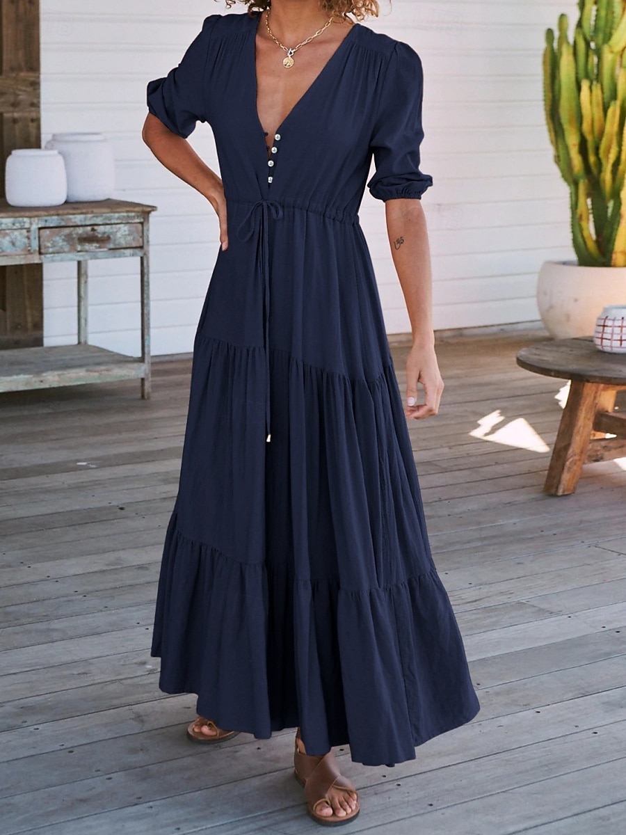 Women's Maxi Dress Casual Dress Swing Dress A Line Dress Casual Vacation Daily Regular Fit Plain Short Sleeve V Neck Black Navy Blue Fuchsia Green Summer 2025 - $31.99 –P11