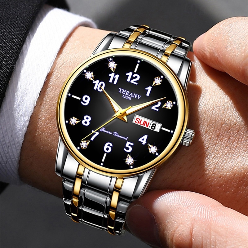 Relógio digital masculino de negócios, mostrador redondo com strass, à prova d'água, luminoso, com pulseira de liga, multifuncional, fashion, relógio de quartzo para homens, presentes de lazer e de 2025 por $23.99 –P11