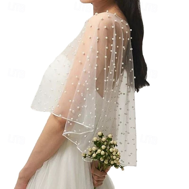 Accesorios de boda, bolero, capa de novia, perlas, capa de boda, parte delantera corta, parte trasera larga, capa envolvente para mujer, chal de noche, blanco 2025 - $28.99 –P4