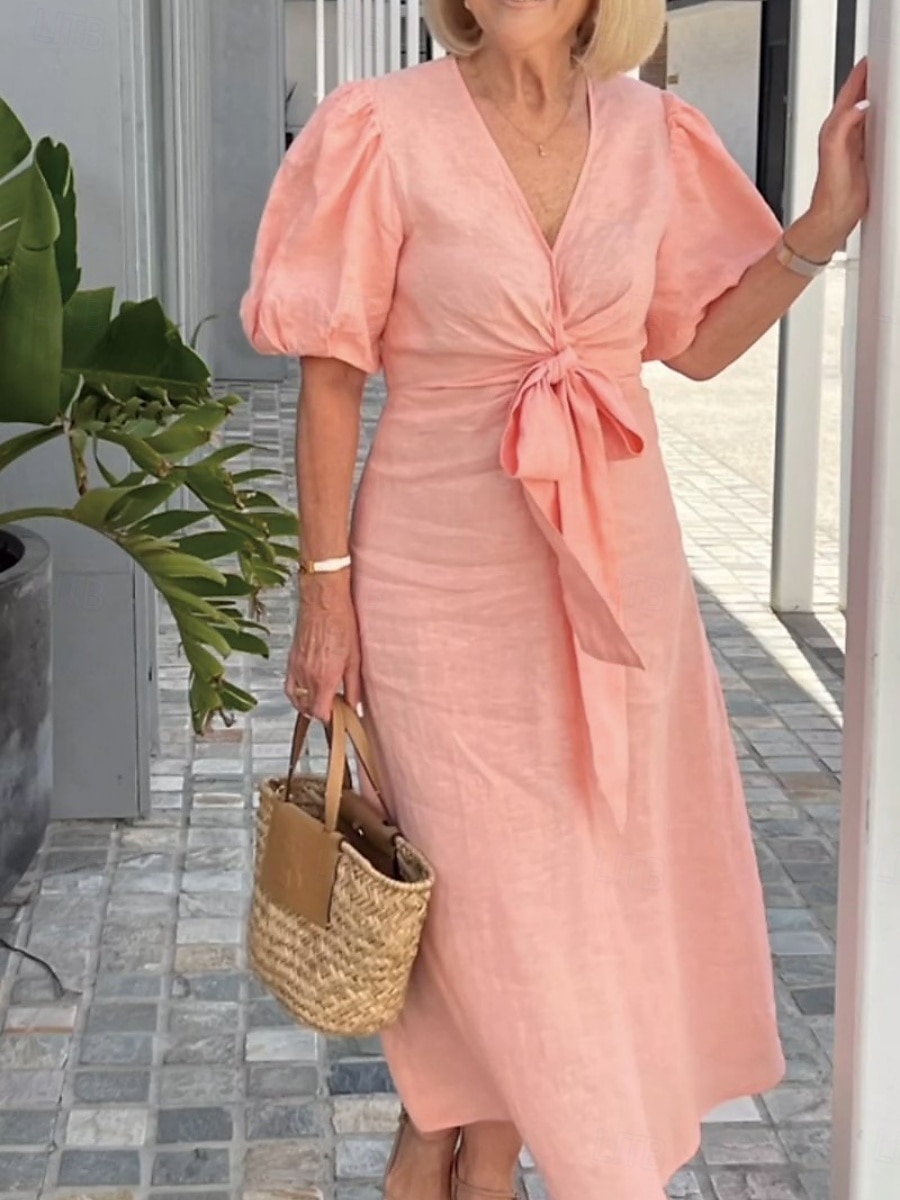 Women's Maxi Dress A Line Dress Solid Color Summer Dress Puff Sleeve Dress Basic Casual Puff Sleeve Vacation Daily Regular Fit Graphic Short Sleeve V Neck Black White Yellow Pink Summer 2025 - $26.99 –P3