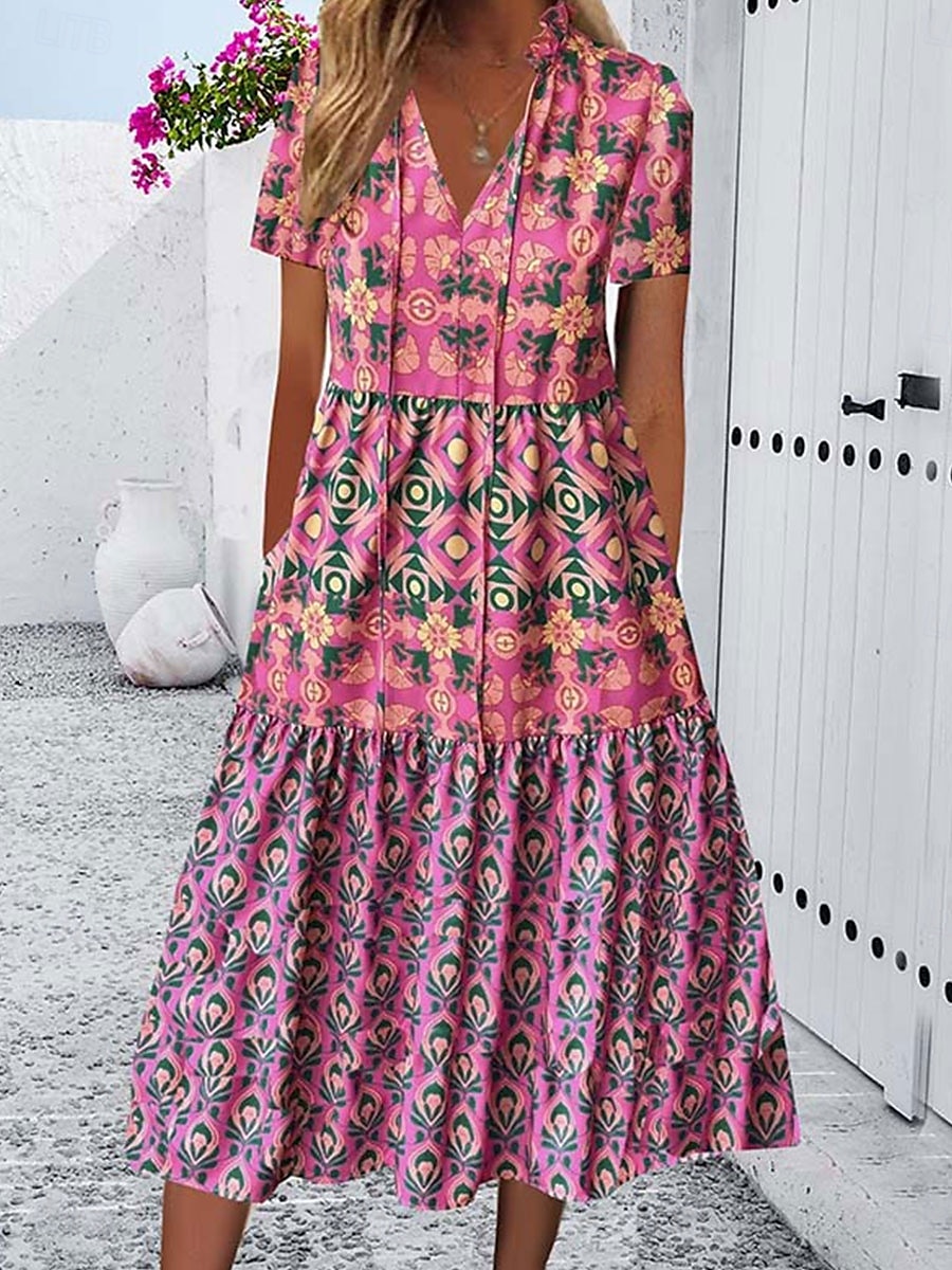 Dam Midiklänning Vardagsklänning Boho-klänning Stylish Ledigt Semester Ledigt Dagligen Lös passning Blommig Kortärmad V-hals Rodnande Rosa Sommar Vår 2025 - $35.99 –P6