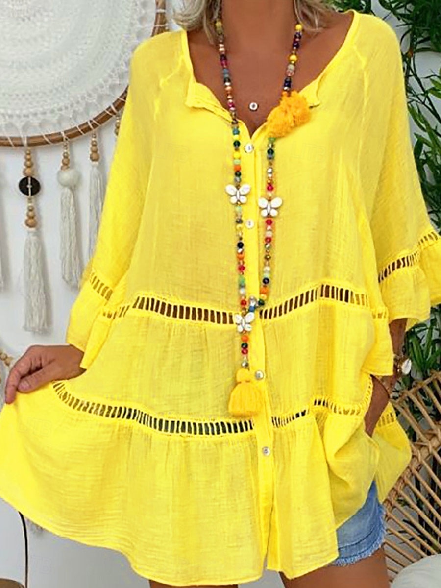 Pentru femei Rochie Mini Rochii de in bumbac Rochie casual Elegant Epocă Stilat Mânecă evazată Vacanță Casual Zilnic Potrivire Largă Simplu Lungime Manșon 3/4 În V Alb Galben Roșu-aprins Maro Var 2025 - $26.99 –P1