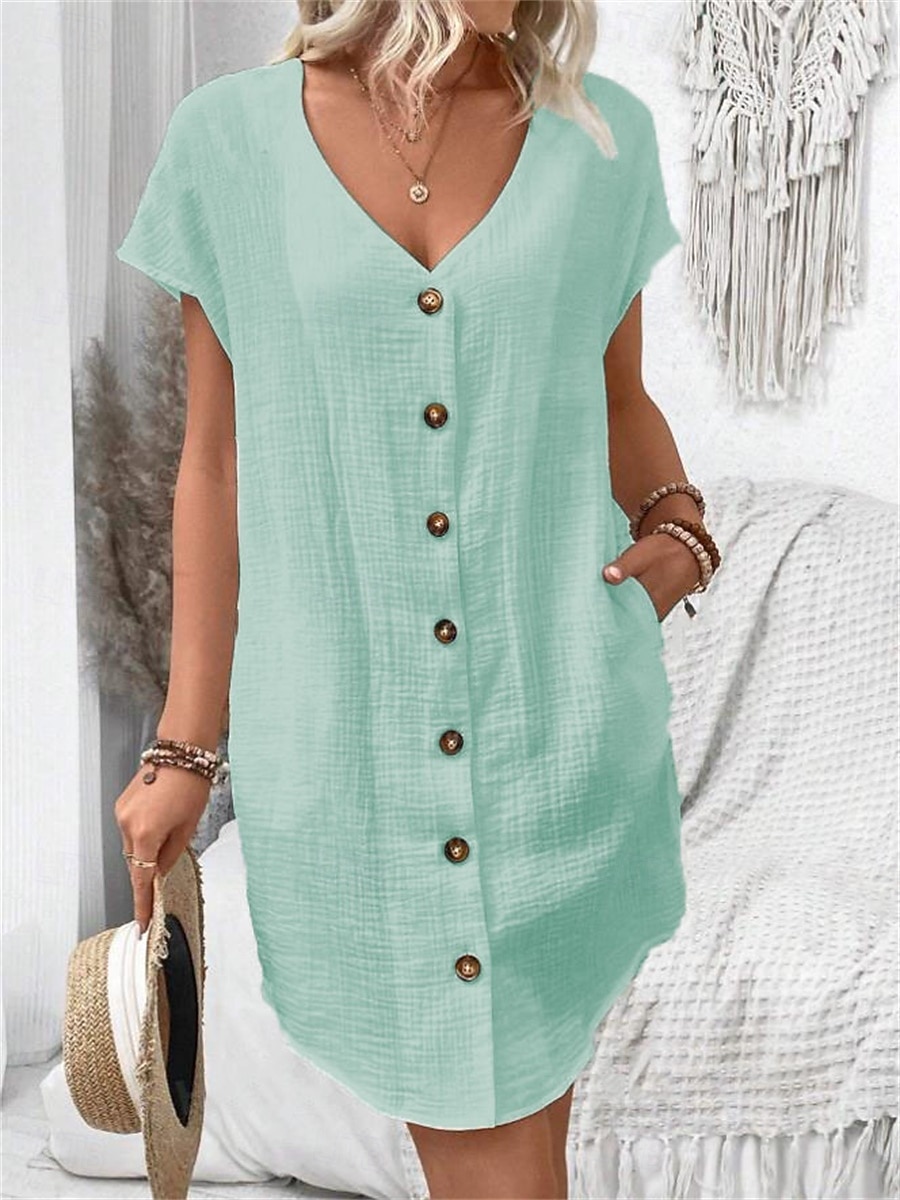 Women's Mini Dress Faux Cotton Linen Shift Dress Casual Dress Tank Dress Basic Casual Batwing Sleeve Casual Daily Vacation Loose Fit Plain Short Sleeve V Neck Black White Pink Green Summer Spring 2026 - $22.99 –P10