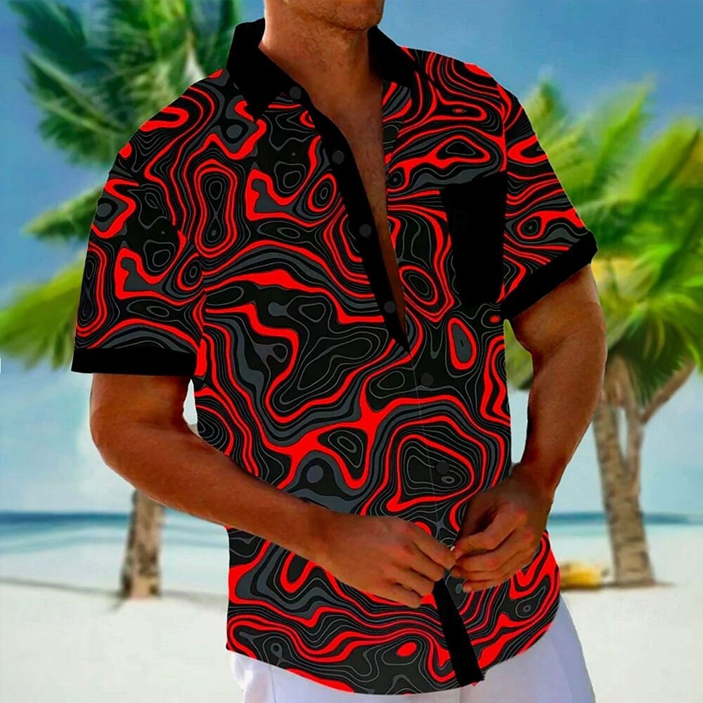 Voor heren Geometrisch Lijnen / golven Overhemd Overhemd met knopen Korte mouw Mode-casual Vakantie Feestdagen Strand Kleding Zomer Herfst Strijkijzer 3D-afdrukken shirts met kraag Voorste zak Rood 2025 - $23.99 –P1