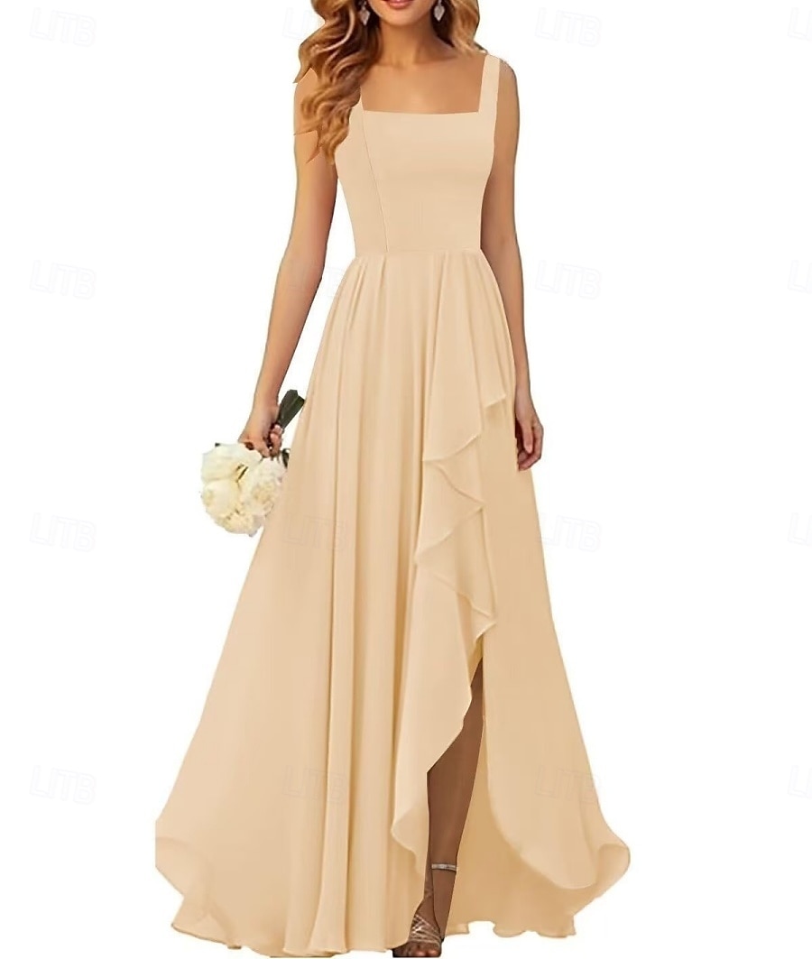 Linha A Vestido de Madrinha Correias / Decote Quadrado Sem Manga Elegante Longo Chiffon / Elastano com Pregas / Fru-Fru / Pregueado 2022 de 2025 por $162.99 –P3