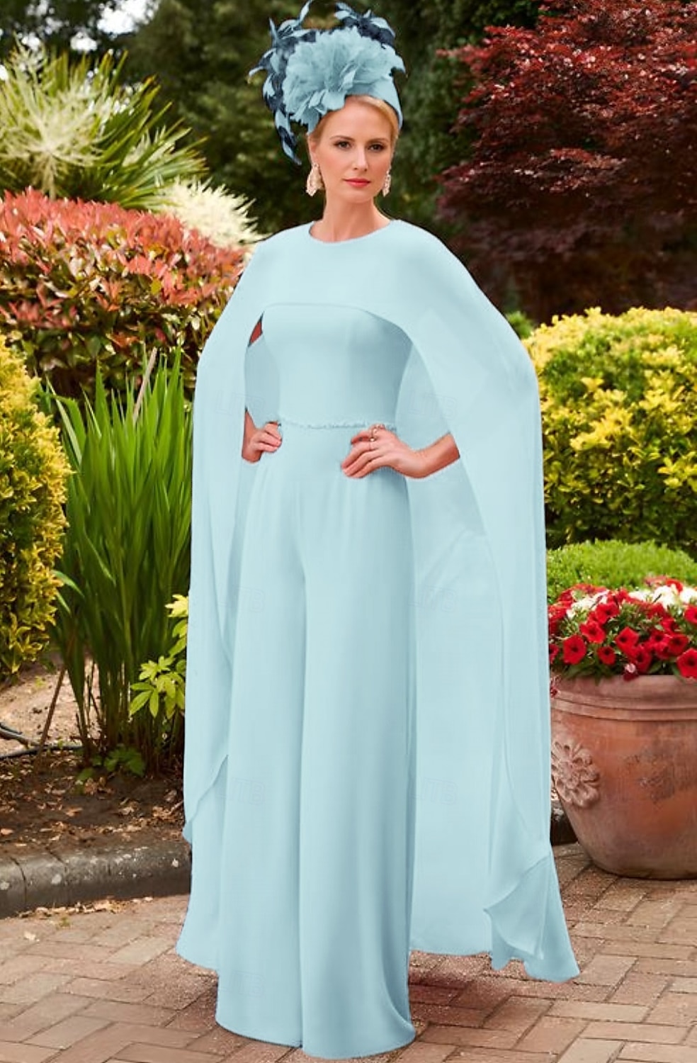 Jumpsuit colonne rose bleu formel mère de la mariée mariage élégant vintage col bijou longueur au sol chiffon extensible manches courtes avec ceinture  ruban robe de jour de course de 2025 ? $146.99 –P3