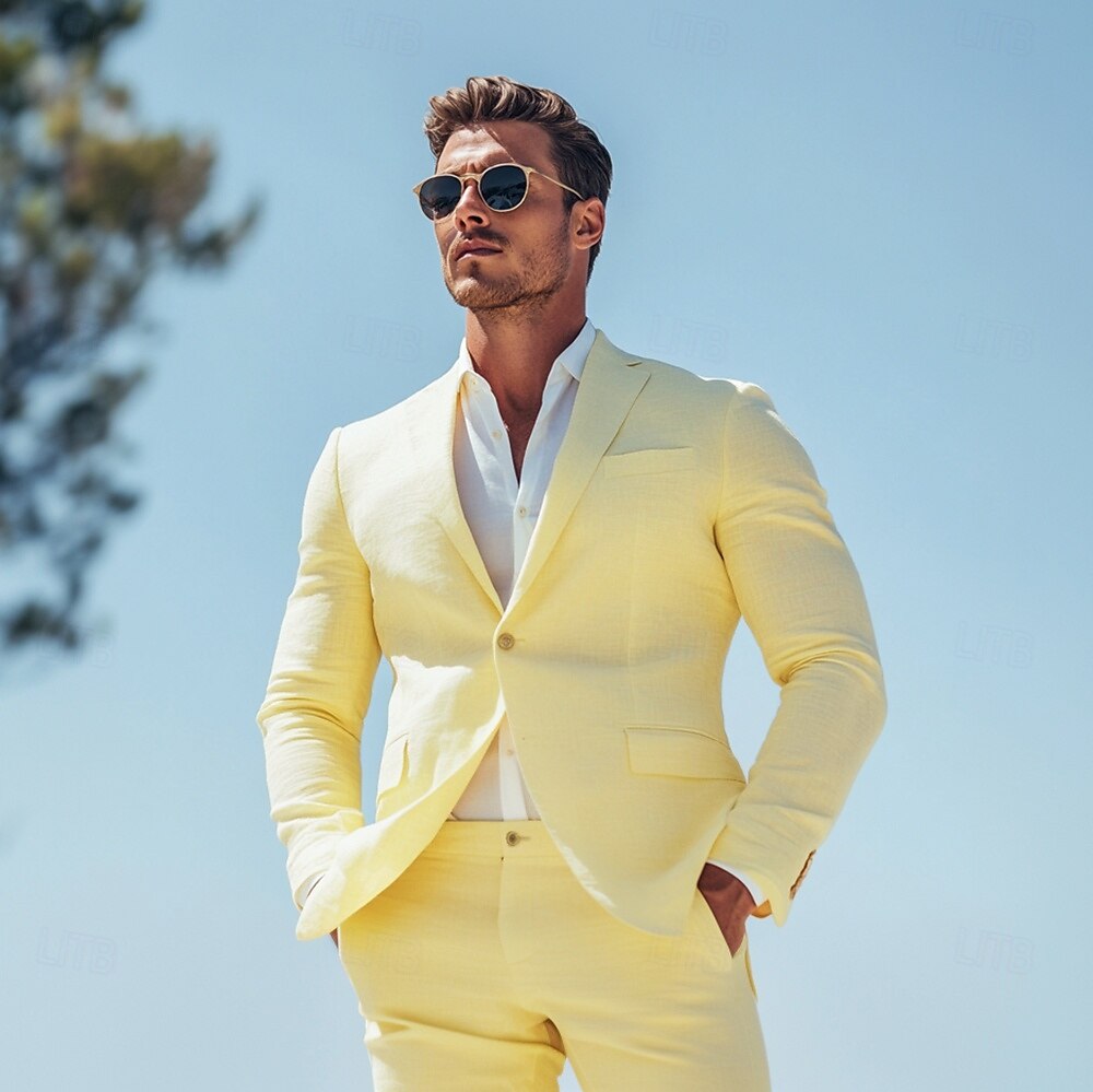 Suits en lin de plage pour hommes Daffodil mode décontractée d'été couleur unie coupe standard 2 pièces à bouton unique de 2025 ? $116.99 –P3