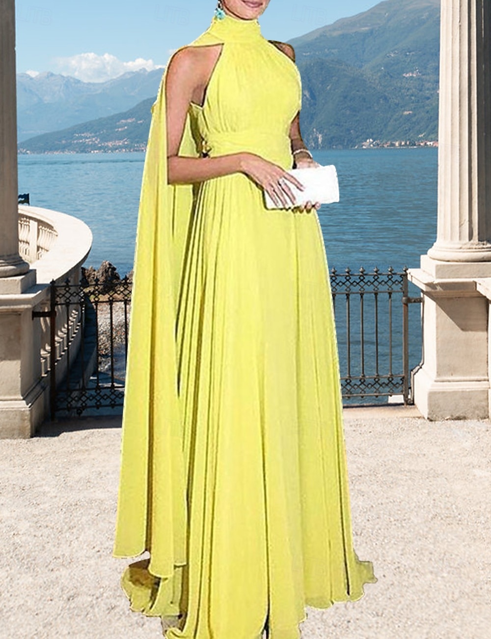 Abito da sera A-Line abito elegante da matrimonio formale lungo pavimento senza maniche colletto alto con mantelline in chiffon arricciato del 2025 a $161.99 –P1