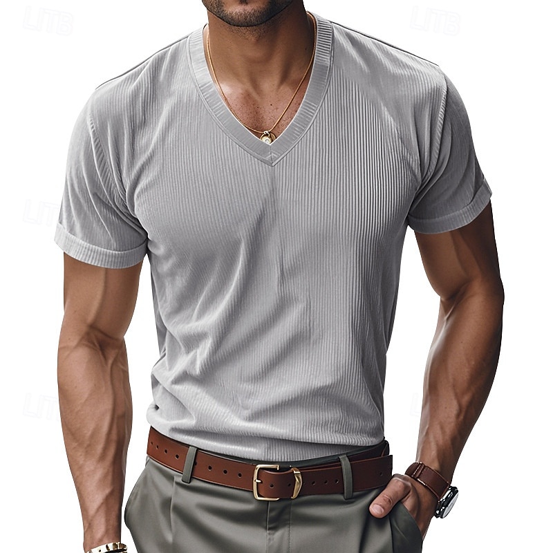 Men's Corduroy Shirt Short Sleeve Shirt Tee Top Short Sleeve V Neck Spring & Summer Summer Solid Color Pit Strip Sports Daily V Neck Warm Casual Outdoor Navy Blue Top Tee for Men 2026 - $25.99 –P11