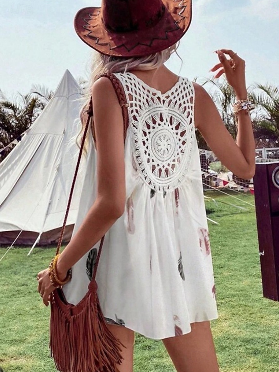 Dams Camisole Tank Top Fjäder Avslappnad Boho Ärmlös V-Hals Regal Toppar Daglig Semester Lapptäckstryck Vit Sommar Vår 2025 - $27.99 -P1
