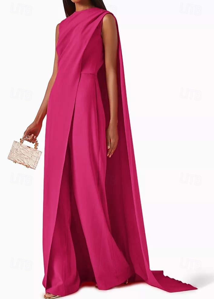 Combinaisons robe de soirée élégante invité de mariage train traînant sans manches col rond crêpe extensible avec drapés 2025 de 2025 ? $178.99 –P5