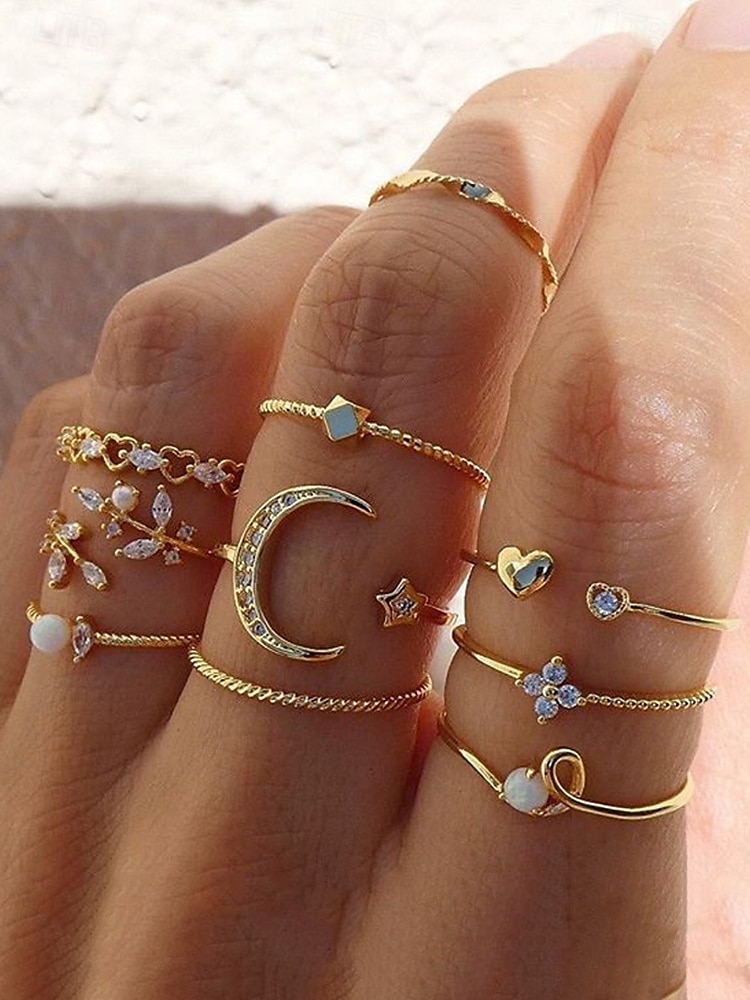 vergulde stapelringenset voor dames – verstelbare ringen versierd met strass en parels, trendy boho-stijl voor casual en formele gelegenheden 2025 - $9.99 –P1