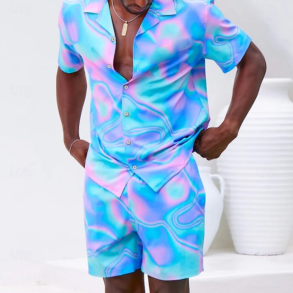 Voor heren Kleurblokpatroon 2 stuks Overhemden Sets Overhemd Korte mouw Korte broek Cubaanse kraag Vakantie Casual / Dagelijks Feest Casual Dagelijks 3D-afdrukken Zomer Roodborstje Rood 2025 - $37.99 –P2