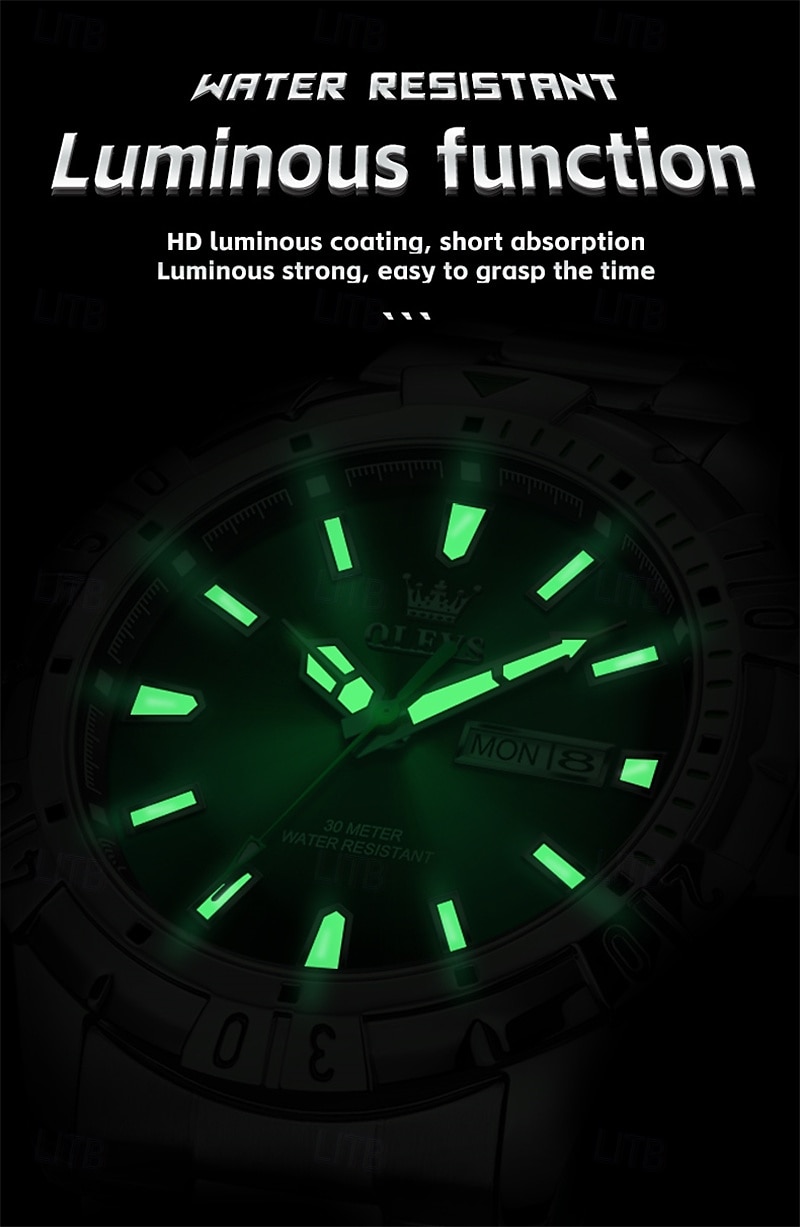 Il nuovo orologio da business da uomo del marchio Olevs orologio classico verde fantasma d'acqua visualizzazione del calendario settimana orologio al quarzo impermeabile moda sportiva del 2025 a $38.99 –P7