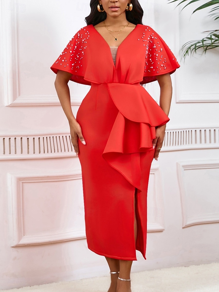 Kentucky Derby Damen Midi Kleid Bodycon Kleid Puffärmel Kleid Elegant Formal Cocktail Formal Party Hochzeitsgast Reguläre Passform Grafisch Kurzarm V-Ausschnitt Schwarz Weiß Gelb Rot Sommer 2025 - $49.99 –P1