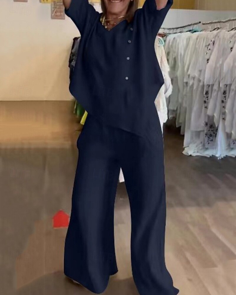 Per donna Moda Streetwear Camicia Set di biancheria in cotone Set da due pezzi Pantaloni di Lino Pantaloni Manica Lunga Scollo a V Tinta unica Ferie Abbigliamento quotidiano Nero Bianco Blu marino del 2025 a $41.99 –P5