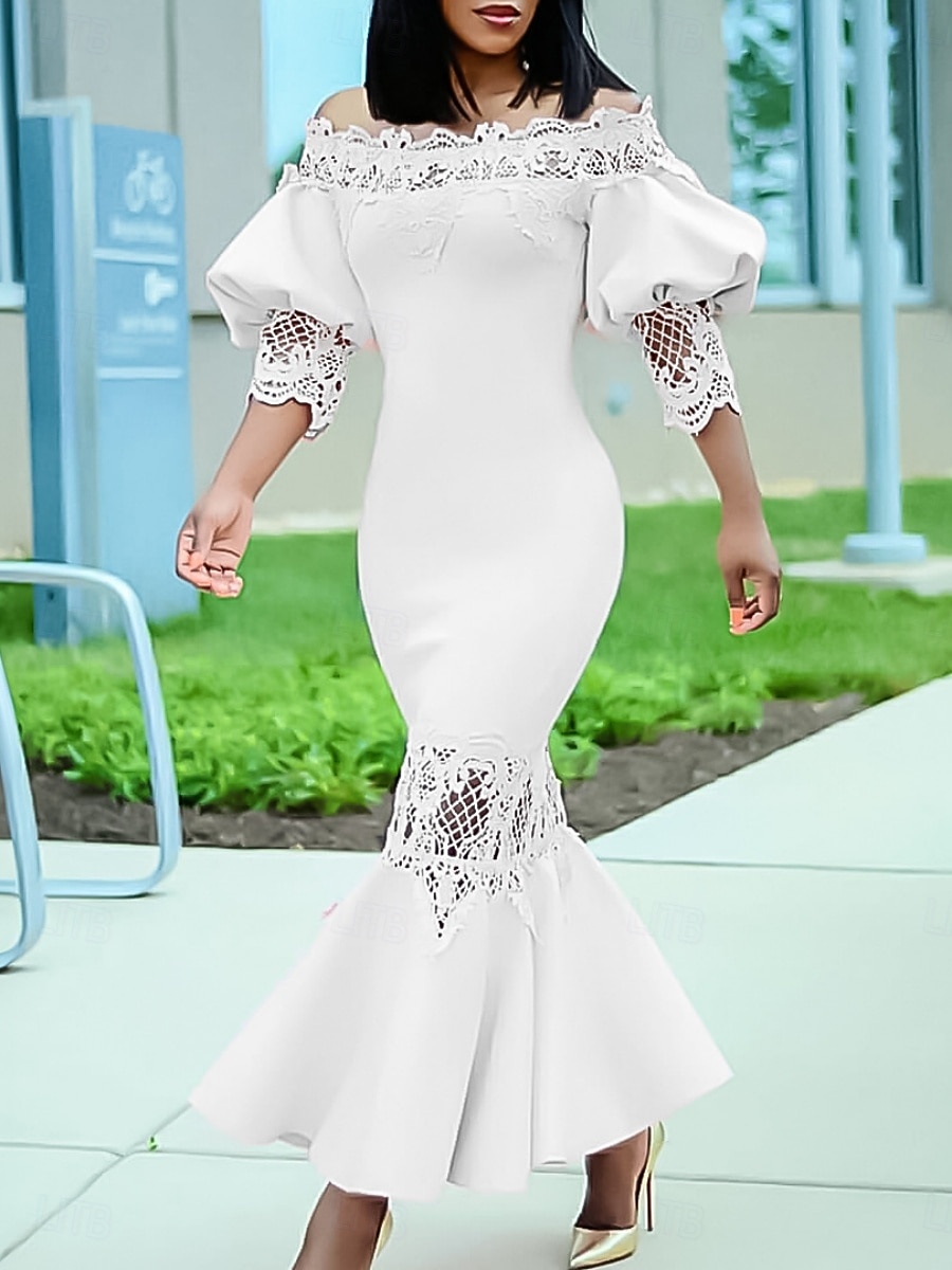 Kentucky Derby Kvinners Maxikjole Sexy Kjole Puffermansjett Kjole Elegant Formell Fest Bryllupsgjest Forlovelse Regular Fit Grafisk 3/4 Lengde Erme Off Shoulder Svart Hvit Rosa Rød 2025 - $49.99 –P12