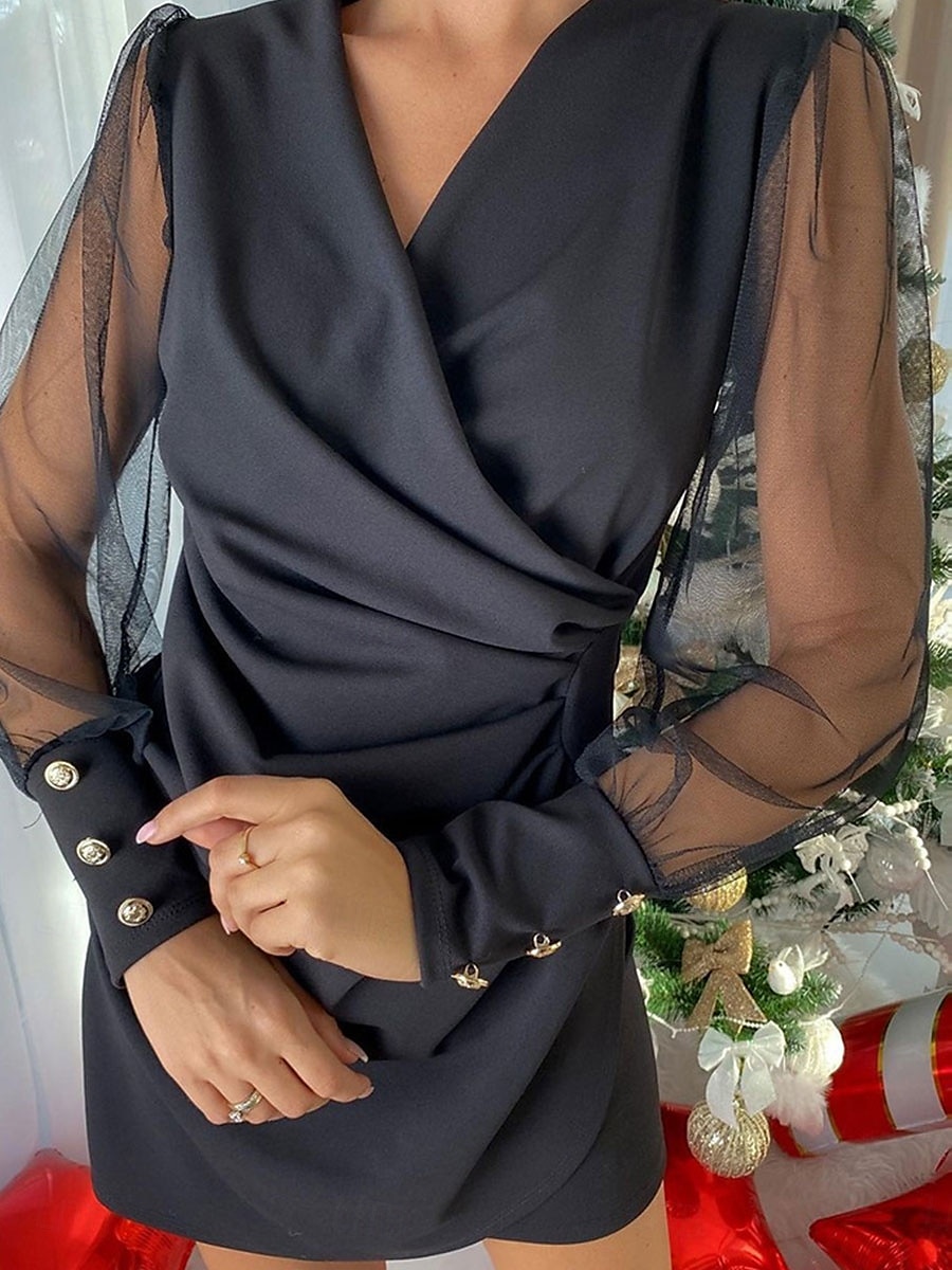 Dámské Mini šaty Bandážové šaty Bodycon šaty koktejl Práce Rande Běžný Bez vzoru Dlouhý rukáv Do V Černá Rubínově červená Léto 2025 - €26.99 –P1