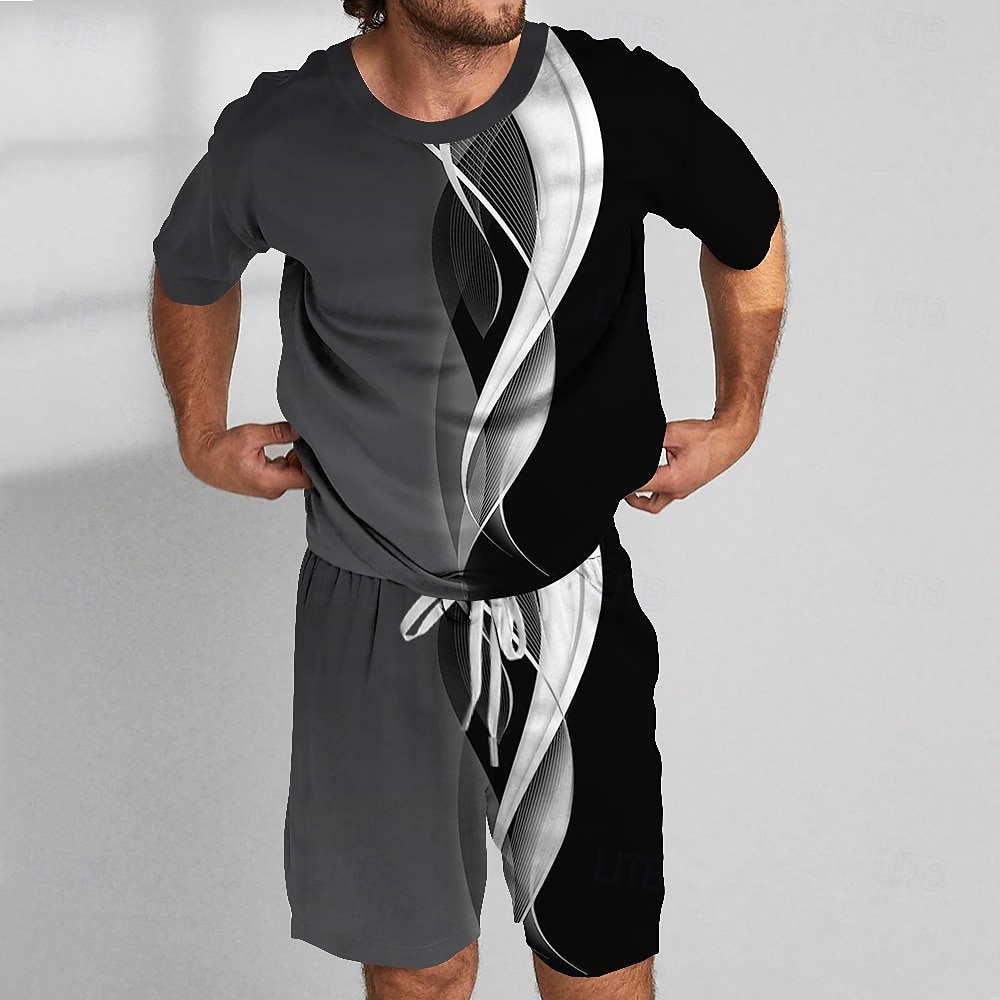 Men's Geometic Line 2pcs Tees sets Summer Tops Short Sleeve Short Pants Crew Neck Sport Casual Outdoor Vacation Sport 3D Print Summer Robin's Egg Blue White ash-colored 2026 - $26.99 –P1