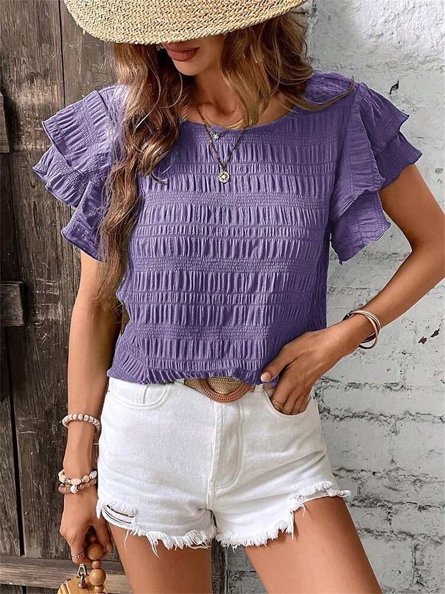 Women's Blouse Solid Color Elegant Daily Stylish Short Sleeve Crew Neck Regular Tops Daily Holiday Going out Ruffle Patchwork Sage Green Red Navy Blue Purple Green Summer Spring 2025 - $22.99 –P11