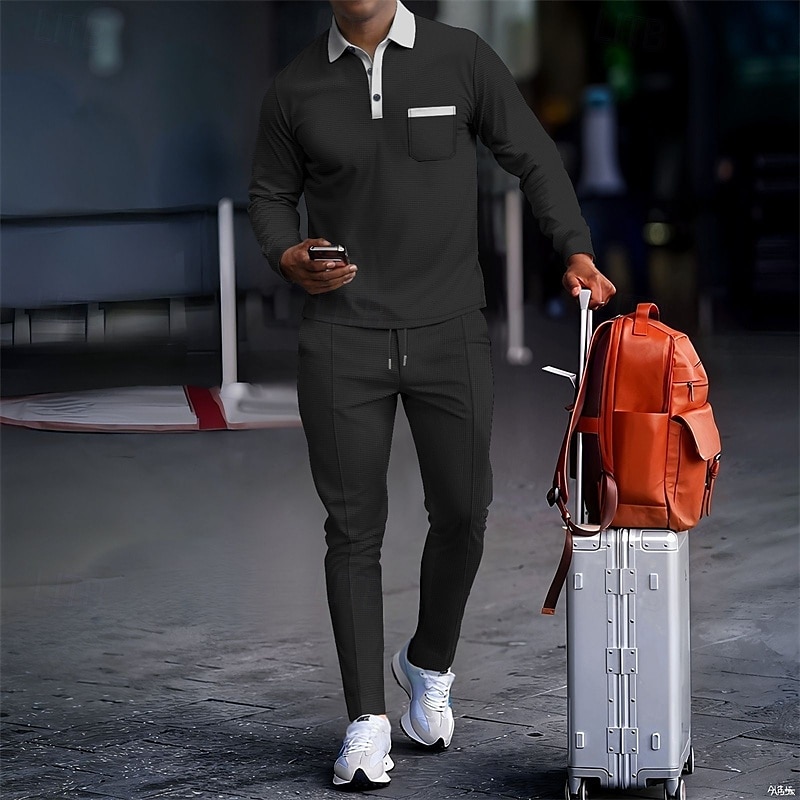 Per uomo Polo a nido d'ape Camicia da golf Golf Ufficio Informale Bavero Manica lunga Essenziale Moderno Color Block Collage Bottoni Primavera Autunno Standard Nero Blu reale Cachi Grigio Polo a nido del 2025 a $37.99 –P6
