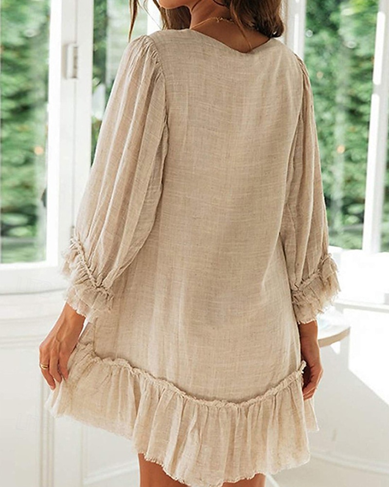 Damen Minikleid Leinen-inspirierte Kleider Freizeitkleid Baumwoll-Leinenkleid Stilvoll Lässig Urlaub Täglich Date Normale Passform Einfach Langarm V Ausschnitt Schwarz Beige Leicht Blau Sommer 2025 - $26.99 –P2