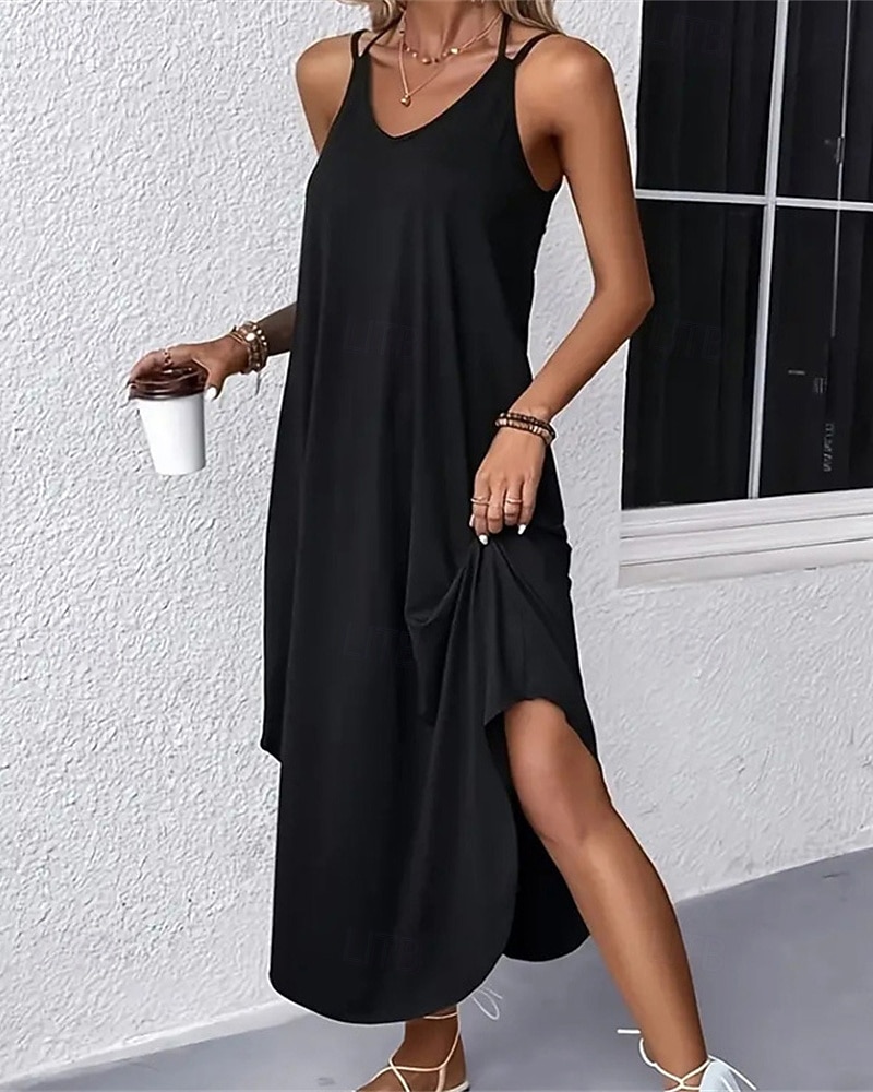 Mujer Vestido Midi Vestido negro Vestido Cóctel Vestido formal Elegante Básico Sensual Diario Vacaciones Ajuste regular Plano Sin Mangas Escote en Pico Negro Vino Verde Ejército Verano 2026 - $23.99 –P3