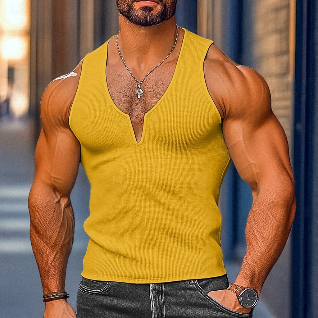 Men's Waffle Tank Top Tank Top Vest Undershirt Sleeveless V Neck Summer Plain Fashion Classic Comfortable Casual Gym Street Yellow Top Tee for Men 2026 - $14.99 –P4