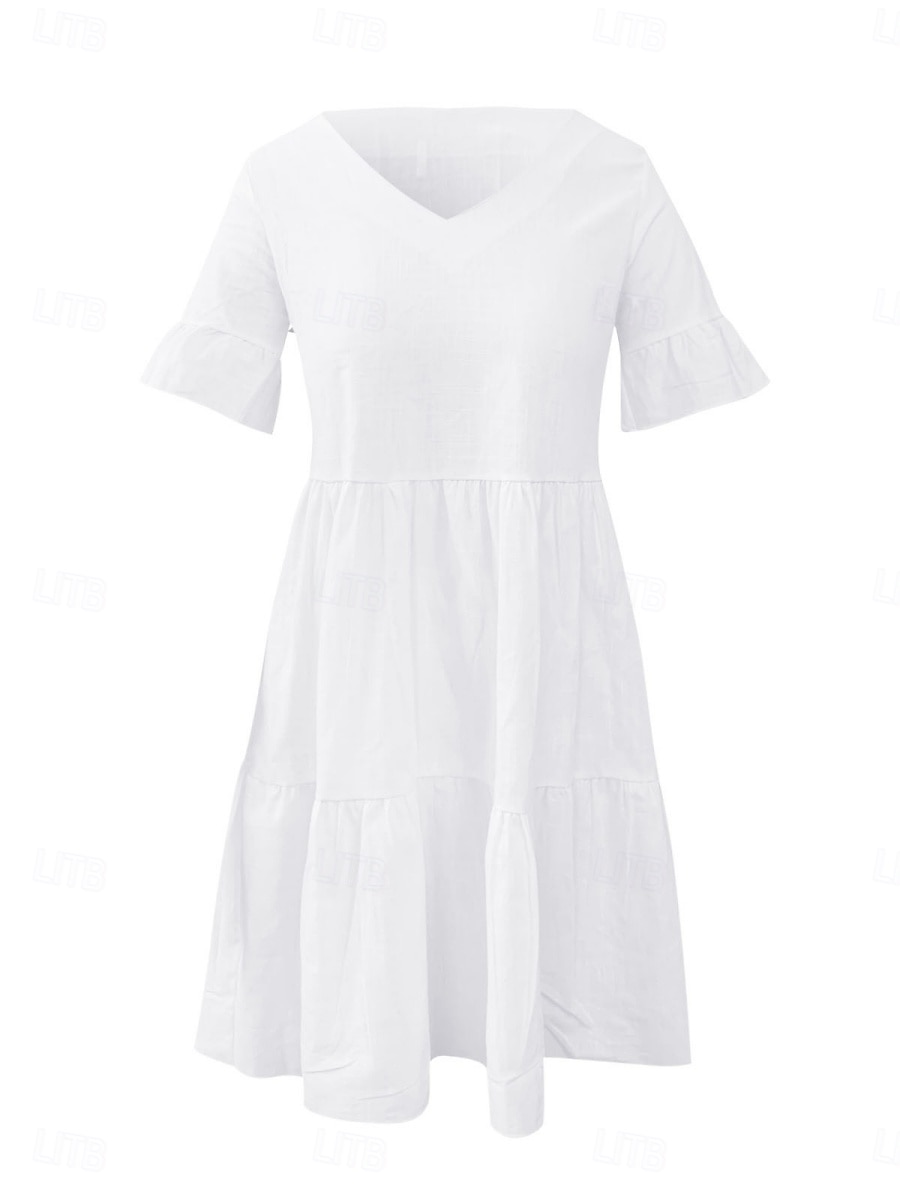 Damen Minikleid Weißes Kleid Casual kleid Rüschenkleid Kleid mit Puffärmeln Basic Brautkleider schlicht Urlaub Täglich Regular Fit Glatt Ärmellos V Ausschnitt Weiß Gelb Blau Sommer 2025 - $21.99 –P3