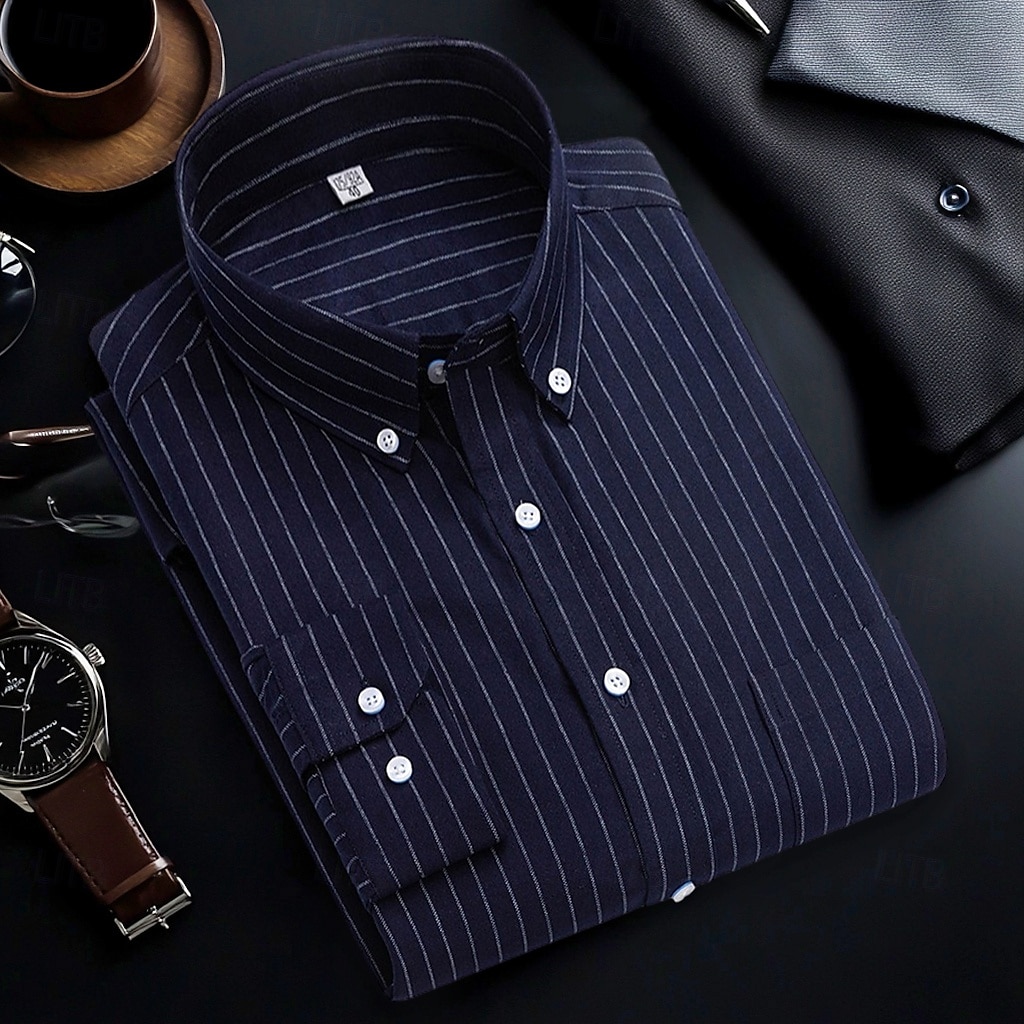Per uomo Camicie Camicia abbottonata Camicia Oxford Camicia non stirabile Camicia a righe A quadri / A righe / Chevron Matrimonio Ufficio e carriera Blu chiaro Bianco Blu marino Blu reale Manica lunga del 2025 a $32.99 –P15