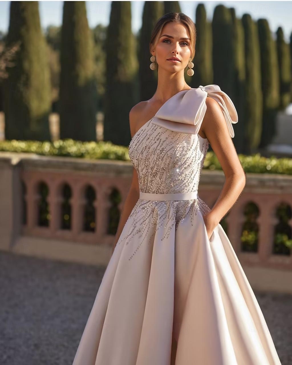 A-Linje Kveldskjole Elegant Kjole Formell Bryllup Gulvlengde Uten Ermer One Shoulder Sateng med Glitter Sløyfe(r) Perler 2025 - $229.99 –P1
