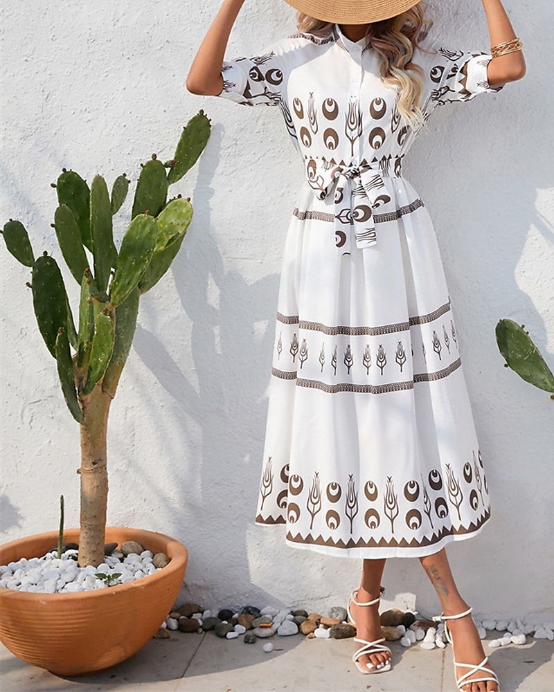 Pentru femei Rochie Lunga Rochie Maxi Rochie casual Rochie de vară Rochie Boho Modă În aer liber Concediu Dată Fit regulat Vopsire Lungime Manșon 3/4 Guler Cămașă Negru Alb Trifoi Vară Primăvară 2025 - $26.99 –P6