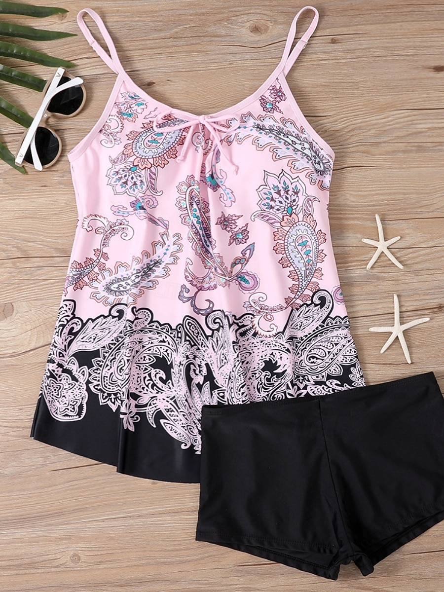 Kvinnors tankini 2-delad baddräkt Boho shorts mage kontroll hög midja smal rygglös semester strandkläder paisley U-hals ärmlösa baddräkter 2026 - $33.99 –P12