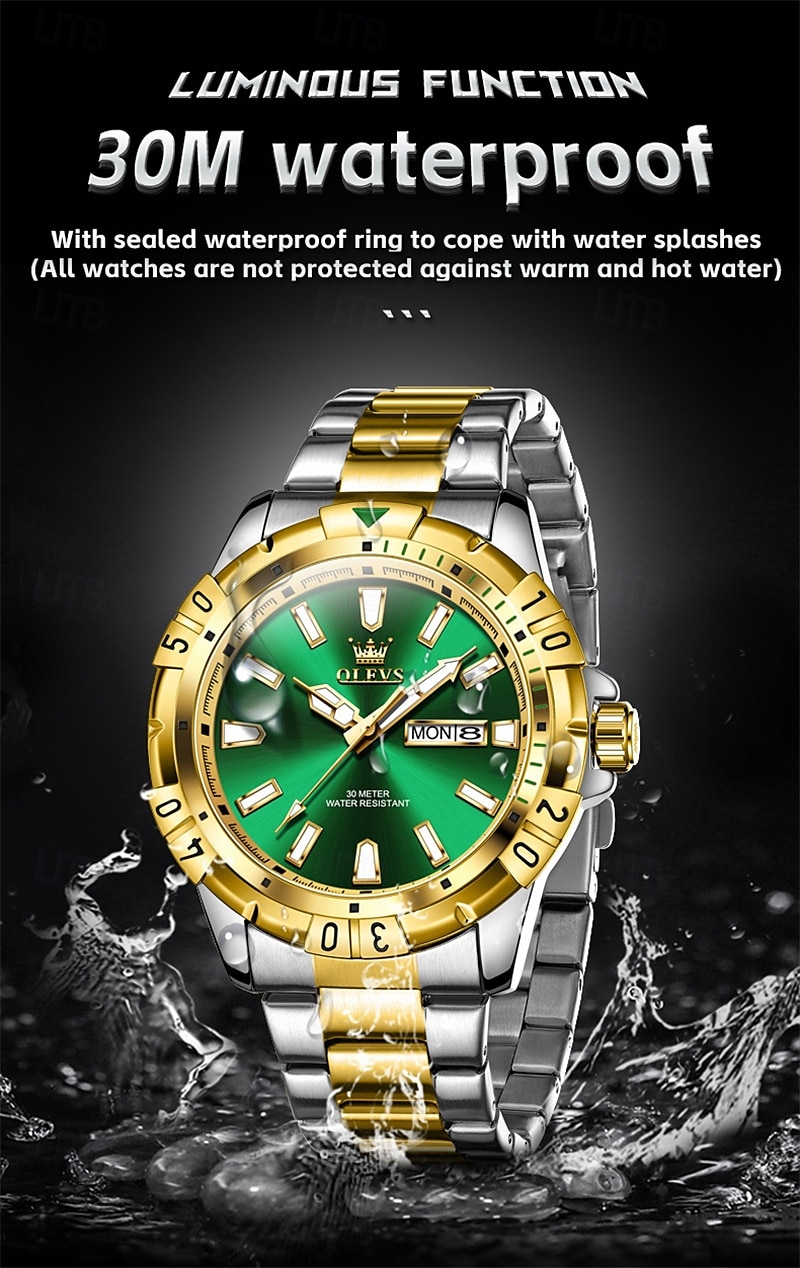 Il nuovo orologio da business da uomo del marchio Olevs orologio classico verde fantasma d'acqua visualizzazione del calendario settimana orologio al quarzo impermeabile moda sportiva del 2025 a $38.99 –P10