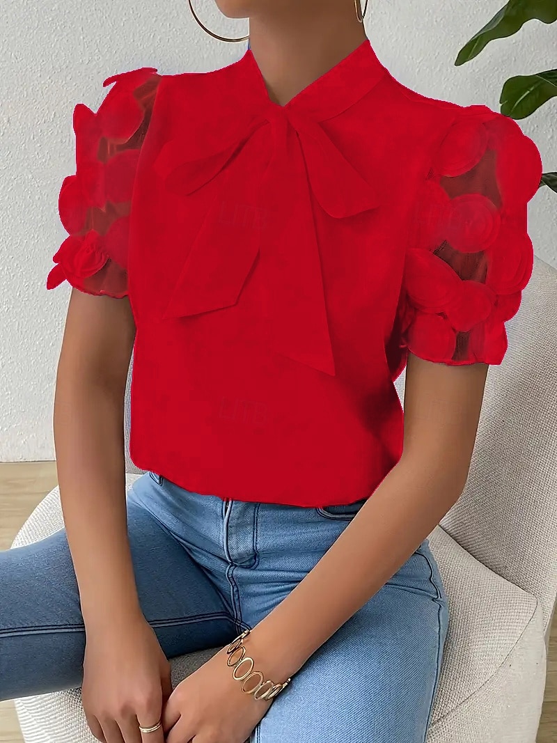 Blouse Women's Black White Red Solid / Plain Color Lace Bow Daily Elegant Standing Collar Regular Fit S 2025 - $17.49 –P7