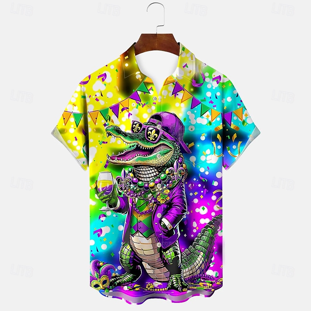 Mardi Gras Men's Crocodile Carnival Shirt Button Up Shirt Short Sleeve Fashion Casual Vacation Gift Holiday Summer Spring Turndown Collared Shirts Front One Pocket Yellow 2026 - $25.99 –P2