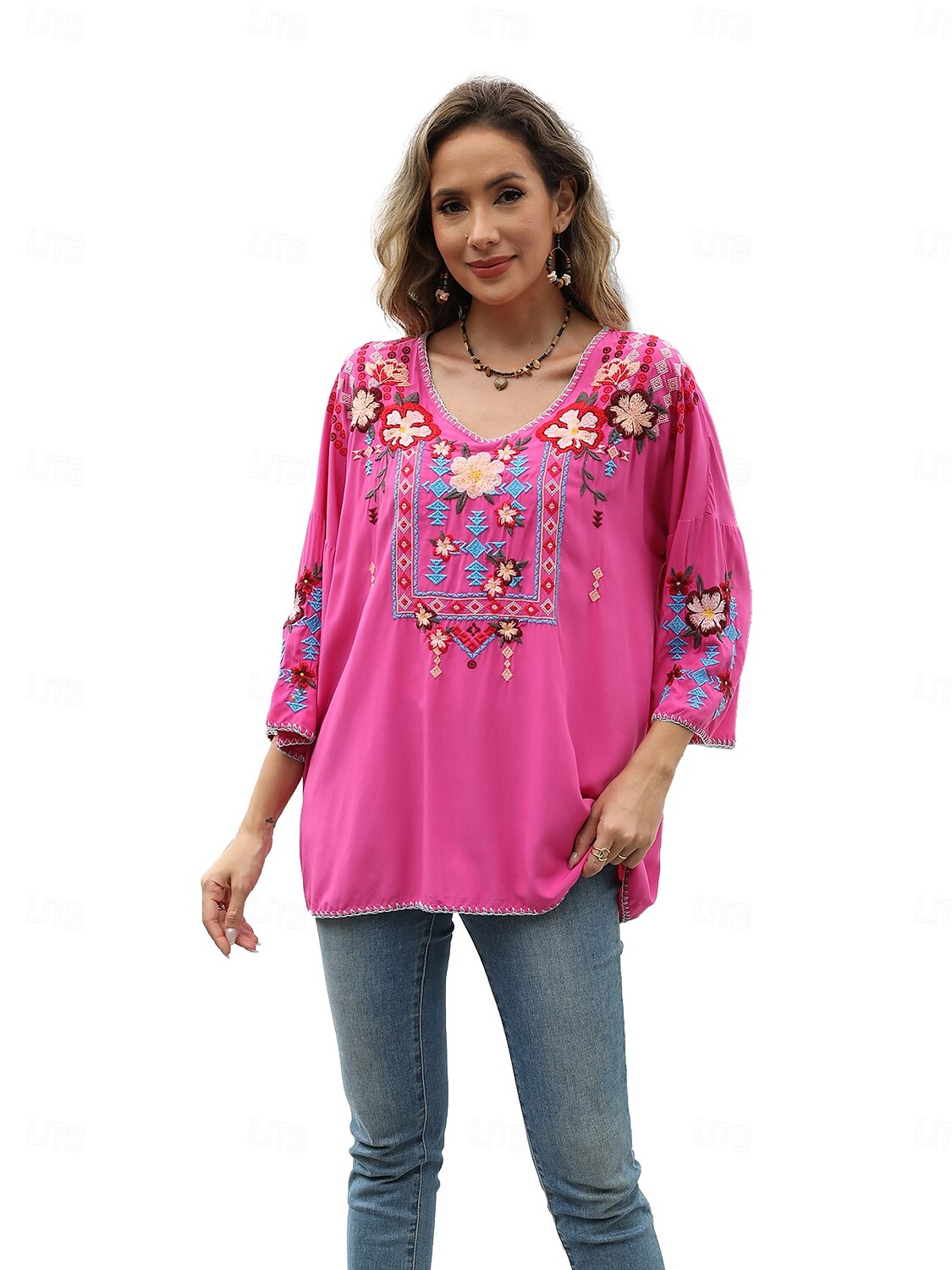 Dame Boho skjorte Helfarge Blomstret Bohem Daglig Luksuriøs 3/4 ermer 3/4-ermer Crew-hals Vanlige topper Arbeid Daglig Ut på byen Broderi Svart Gul Rose Rosa Sommer 2025 - $52.99 –P13