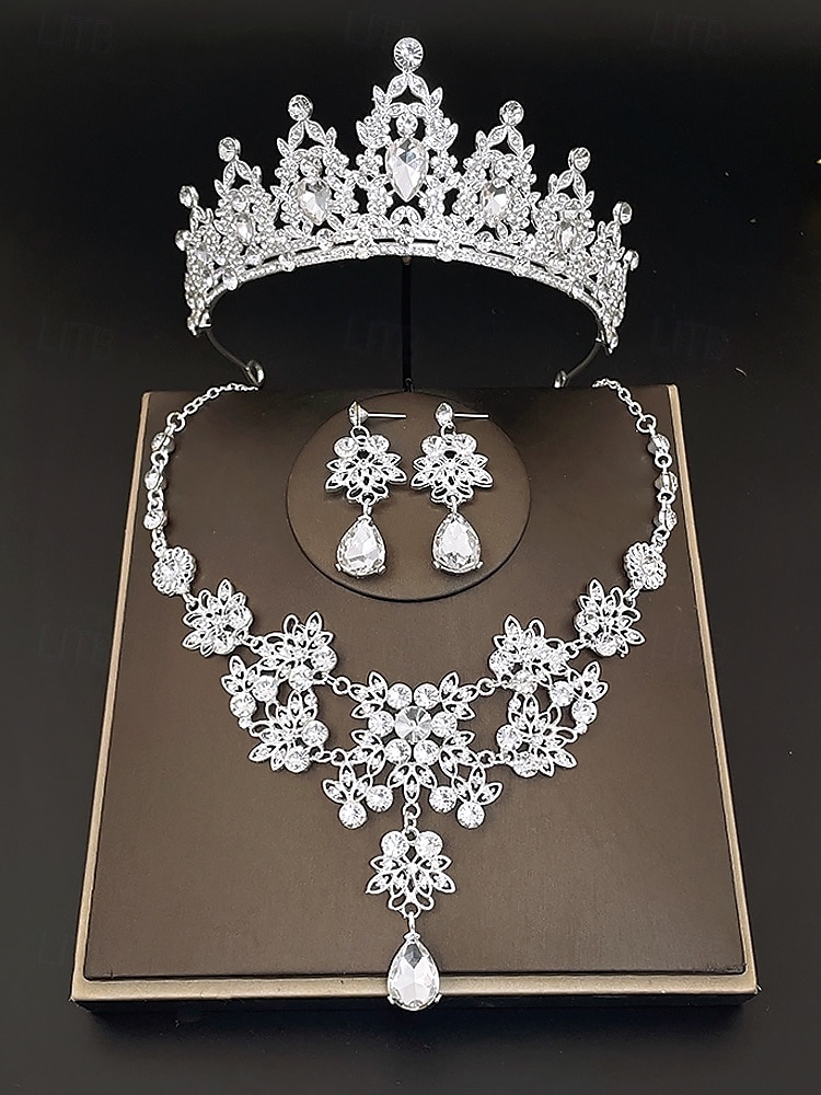 Zilveren tiara met strass steentjes en sieradenset voor dames – elegante ketting, oorbellen en kroon voor bruiloften, optochten en speciale gelegenheden 2025 - $19.99 –P1