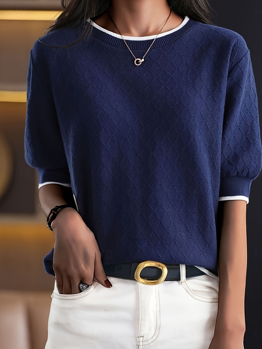 Dame Skjorte Bluse Helfarge Stilfull Fritid 3/4 ermer Crew-hals Vanlige topper Daglig Lapper Blå Sommer Vår 2025 - $31.99 –P1