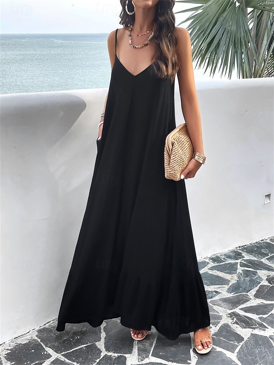 Damen Maxi Kleid Strandkleid Slip Kleid Urlaub Strandurlaub Unifarben Lässig Täglich Lockere Passform Grafik Ärmellos Träger Schwarz Rot Himmelblau Grün Sommer 2025 - $41.99 –P10