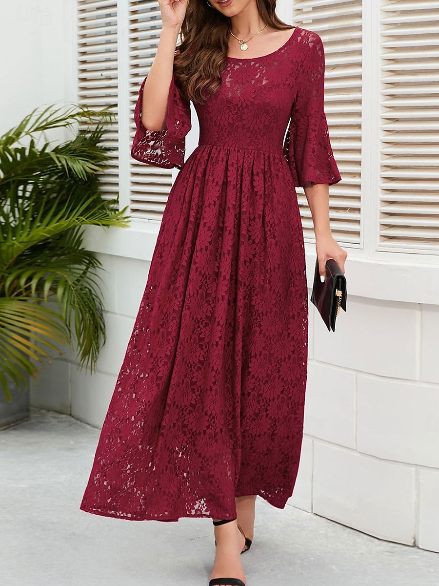 Damskie Sukienka midi Koronkowa sukienka Sukienka maxi Sukienka A line Elegancja Elegancki Codzienny Rozkloszowany rękaw Urlop Impreza Codzienny Regularny Równina Krótki rękaw Półgolf Czarny Wino 2025 - $46.99 –P6