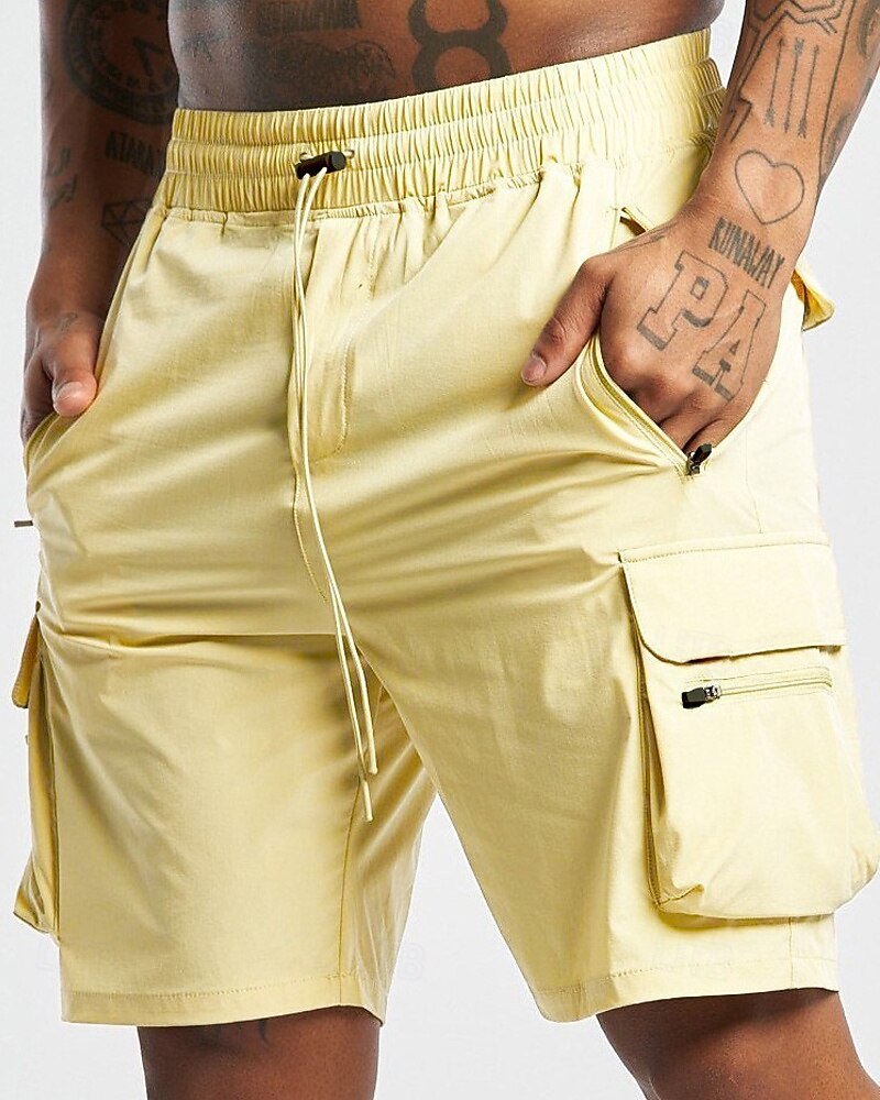 Homens Bermuda Cargo Calção Com Cordão Cintura elástica Bolso Com Zíper Tecido Secagem Rápida Vestível Curto Ao ar livre Diário Acampar e Caminhar Moda Clássico Preto Amarelo de 2025 por $22.99 –P1