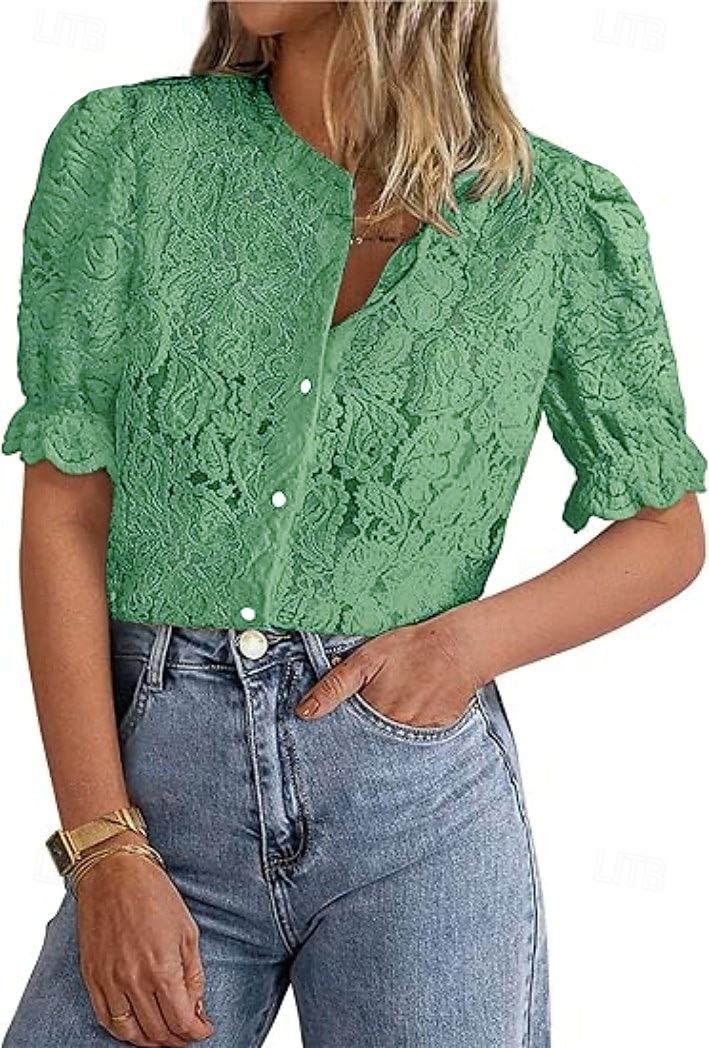 Damen Boho-Shirt Spitzenhemd Elegante Oberteile Spitzentops Feste Farbe Elegant Kuschelig Hawaiianisch Kurzarm Laternenärmel Rundhalsausschnitt Normale Oberteile Täglich Festtage Ausgehen Spitze Knopf 2025 - $21.99 –P2