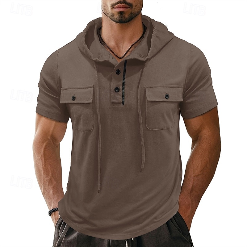 Men's T Shirt Henley Shirt Tee Short Sleeve Shirt Short Sleeve Hooded Henley Summer Spring Color Block Fashion Designer Basic Drawstring Vacation Street Going out Black Khaki Light Grey Top Tee for 2025 - $26.99 –P1