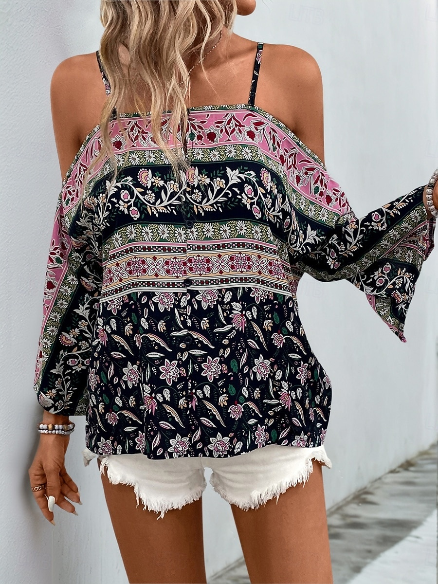 Dame Skjorte Bluse Blomstret Stilfull Fritid Langermet Med stropper Vanlige topper Daglig Trykt mønster Svart Sommer Vår 2025 - $28.99 –P2
