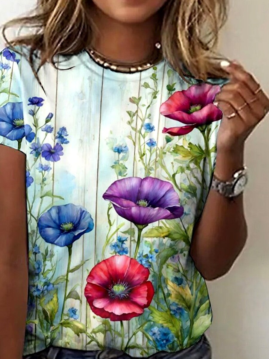 Per donna maglietta Floreale Pop art Elegante Vintage Di tendenza Manica corta Rotonda Top regolari Giornaliero Per uscire Fine settimana Stampa Blu Estate del 2025 a $19.99 –P2