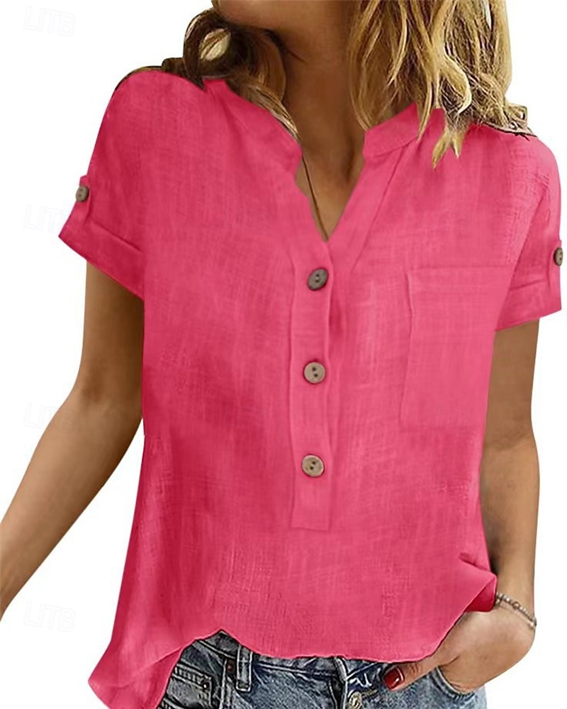 Women's Shirt Linen Shirt Cotton Linen Shirts Plain Daily Stylish Basic Short Sleeve Shirt Collar Regular Tops Work Daily Holiday Buttons Pink Blue Rose Pink Summer 2025 - $27.99 –P1