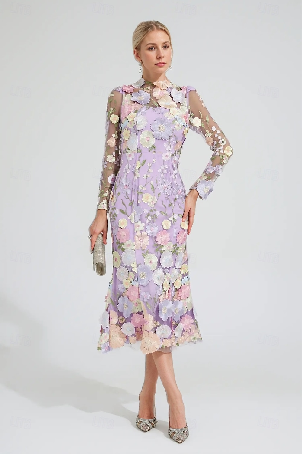 Floral Embroidered A-Line Dress Mother of the Bride Dress Wedding Elegant Vintage Illusion Neck Ankle Length Tulle Long Sleeve with Appliques Flower 2025 2025 - $191.99 –P1